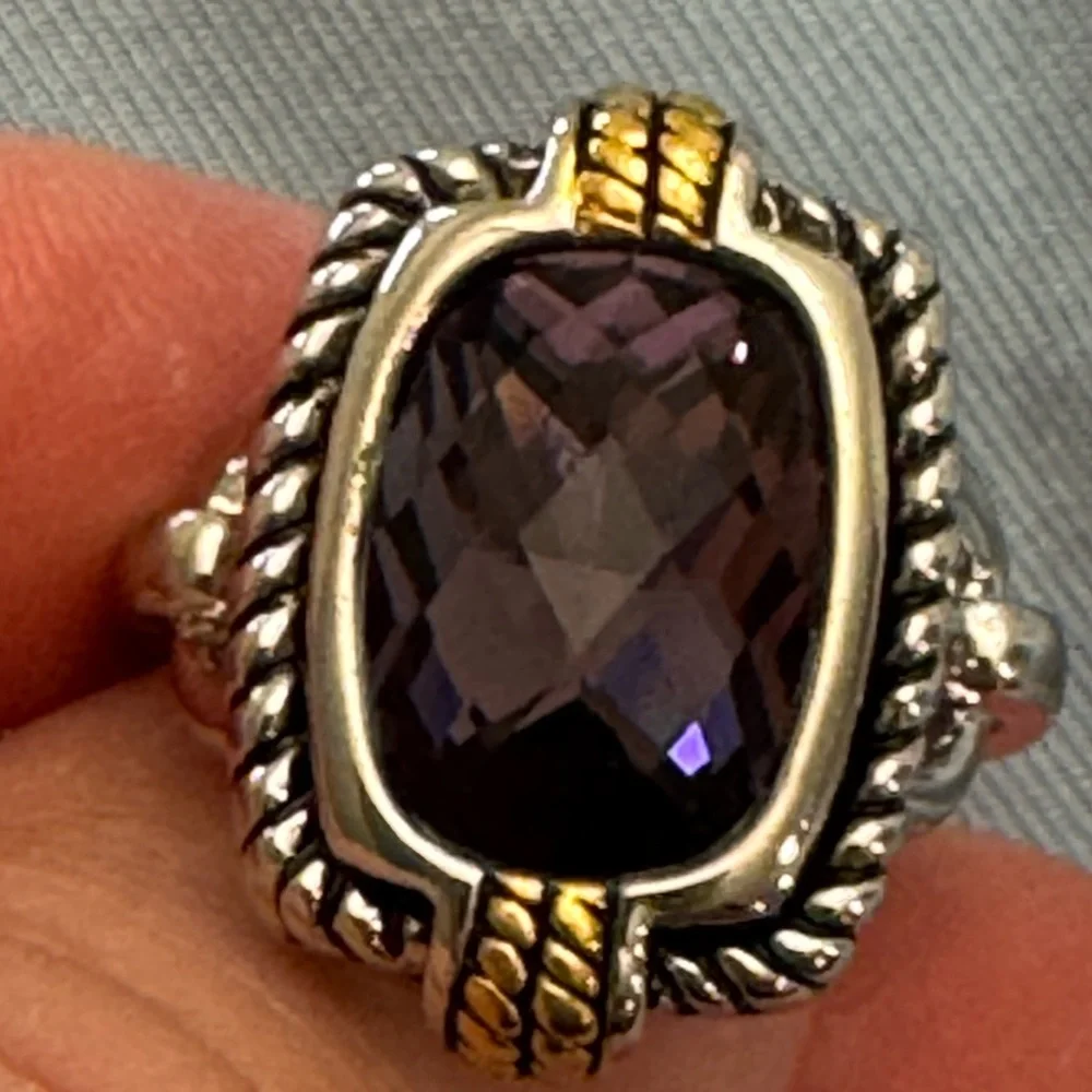 Faceted Faux Amethyst Silver Tone Statement Ring - Picture 9 of 12